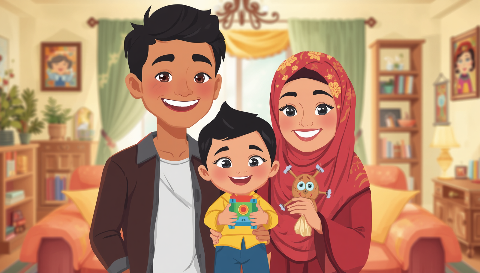 Cartoon family members with father, mother wearing hijab, and child, all looking happy together, Muslim family.jpg