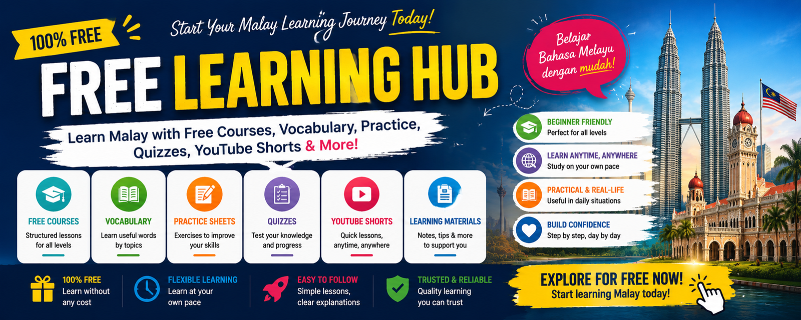 Free Malay learning hub with free courses, vocabulary, quizzes, practice sheets, and learning materials