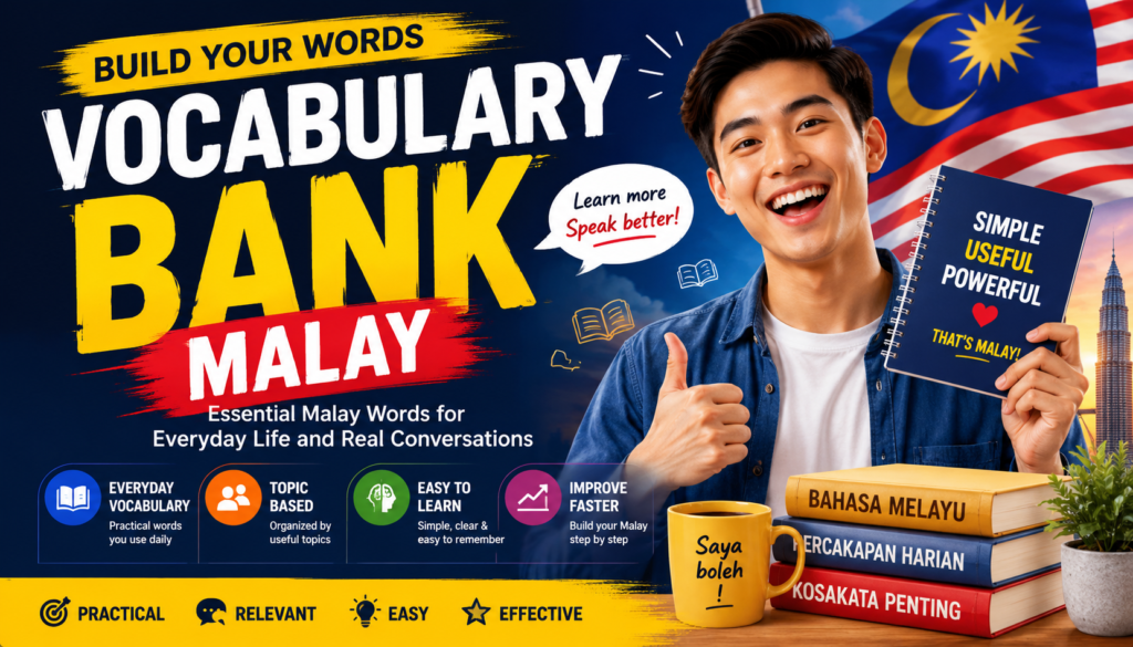 Malay Vocabulary Bank featuring essential Malay words for everyday life and real conversations, with a young Asian man holding a Malay vocabulary book.