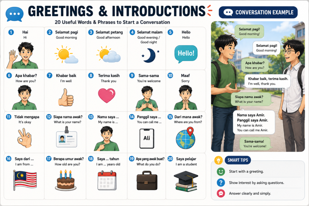 Interactive Malay vocabulary infographic featuring 20 useful greetings and introduction phrases with English translations, illustrated with friendly Asian characters, conversation examples, and practical speaking tips.